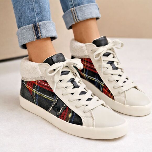 Nine West Shoes - NEW Nine West Plaid Sherpa Trim Lace-Up Sneakers Women’s 8.5 Red Black Tartan